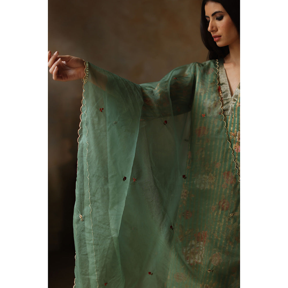 Begum Pret IKAI Sea Green Floral Kurta with Pant & Dupatta (Set of 3)