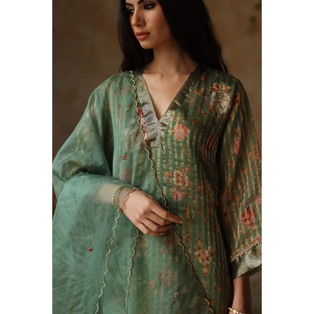 Begum Pret IKAI Sea Green Floral Kurta with Pant & Dupatta (Set of 3)