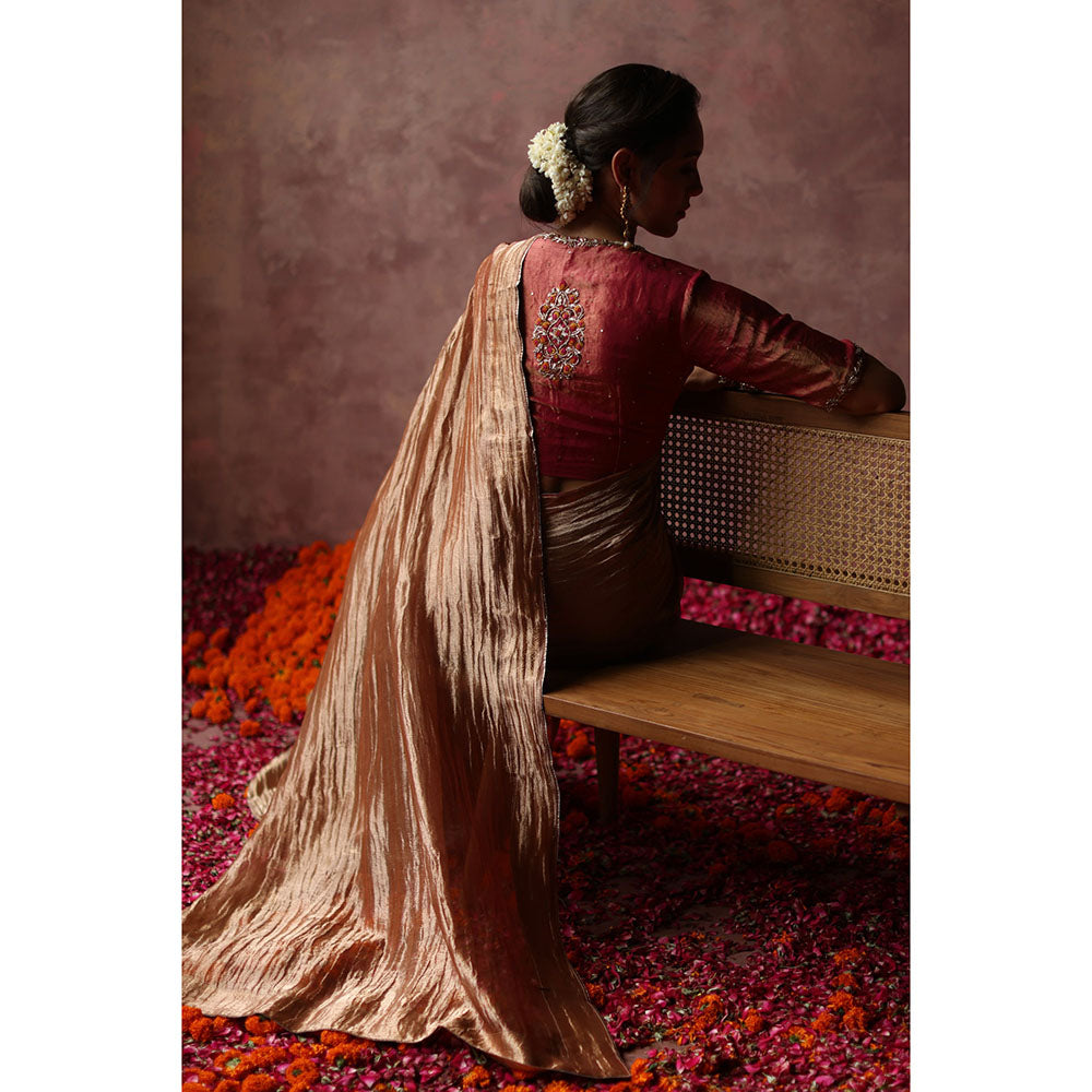 Begum Pret KALISTA Gold Embellished Saree with Pink Stitched Blouse