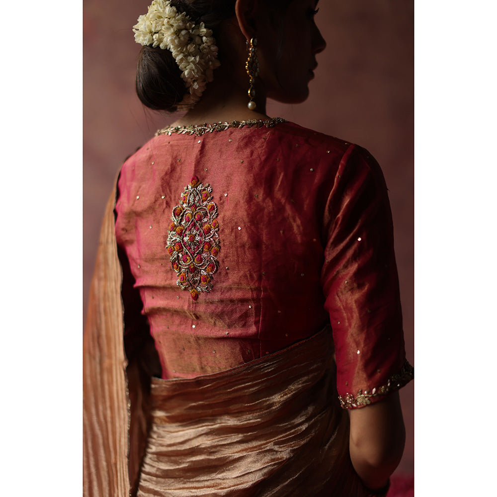 Begum Pret KALISTA Gold Embellished Saree with Pink Stitched Blouse