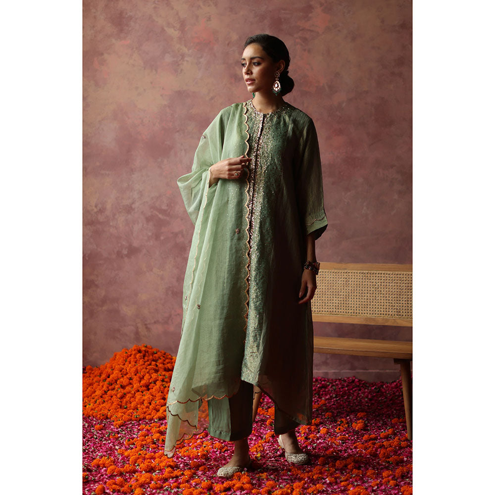 Begum Pret PAAKIZAH Sea Green Kurta with Pant & Dupatta (Set of 3)