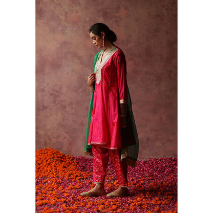 Begum Pret RUMI Pink Kurta with Pant & Green Dupatta (Set of 3)
