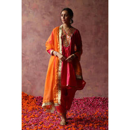 Begum Pret RUMI Pink Kurta with Pant & Orange Dupatta (Set of 3)