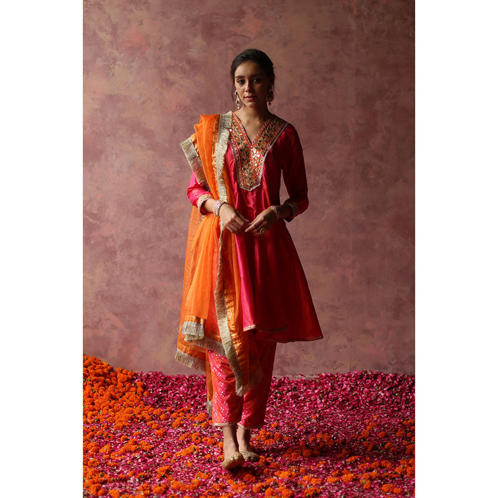 Begum Pret RUMI Pink Kurta with Pant & Orange Dupatta (Set of 3)