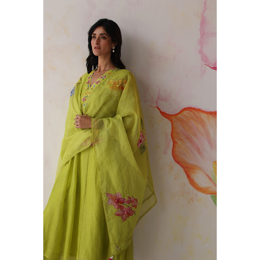 Begum Pret Green Kinza Kurta with Pant with slip and Dupatta (Set of 4)
