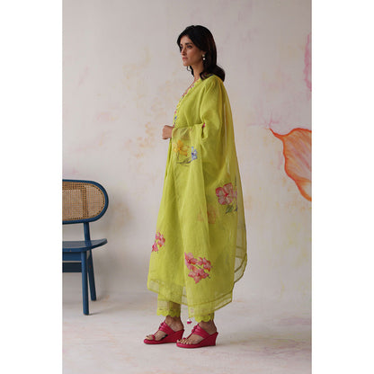 Begum Pret Green Kinza Kurta with Pant with slip and Dupatta (Set of 4)