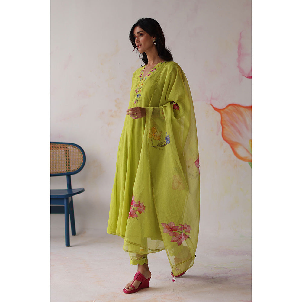 Begum Pret Green Kinza Kurta with Pant with slip and Dupatta (Set of 4)