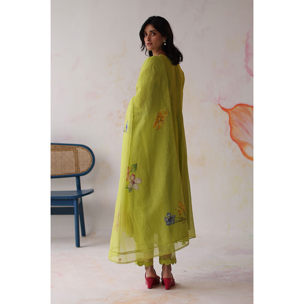 Begum Pret Green Kinza Kurta with Pant with slip and Dupatta (Set of 4)