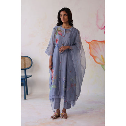 Begum Pret Blue Amaltas Kurta with Pant with slip and Dupatta (Set of 4)