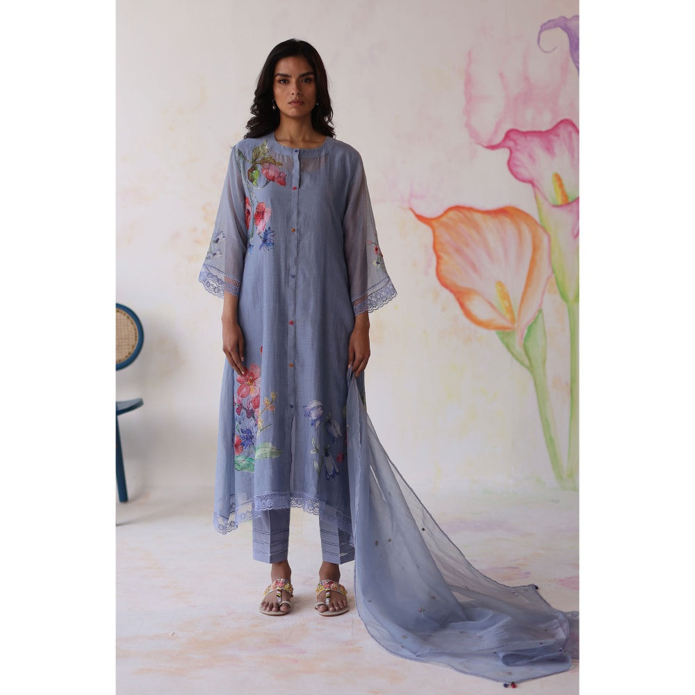 Begum Pret Blue Amaltas Kurta with Pant with slip and Dupatta (Set of 4)
