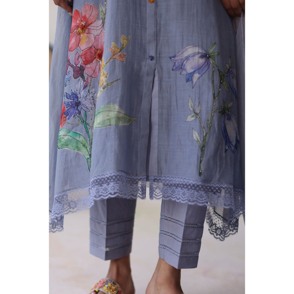 Begum Pret Blue Amaltas Kurta with Pant with slip and Dupatta (Set of 4)