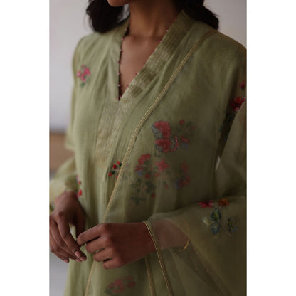 Begum Pret Green Nishat Kurta with Pant with slip and Dupatta (Set of 4)