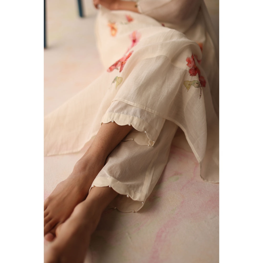 Begum Pret White Pista Kurta with Pant and slip (Set of 3)