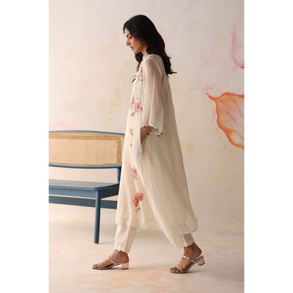 Begum Pret White Pista Kurta with Pant and slip (Set of 3)