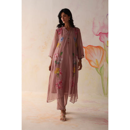 Begum Pret Pink Kesar Kurta with Pant and slip (Set of 3)