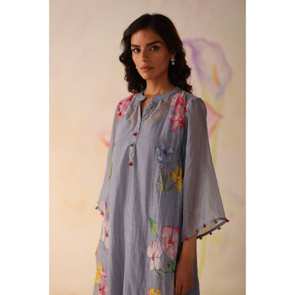 Begum Pret Blue Kesar Kurta with Pant and slip (Set of 3)