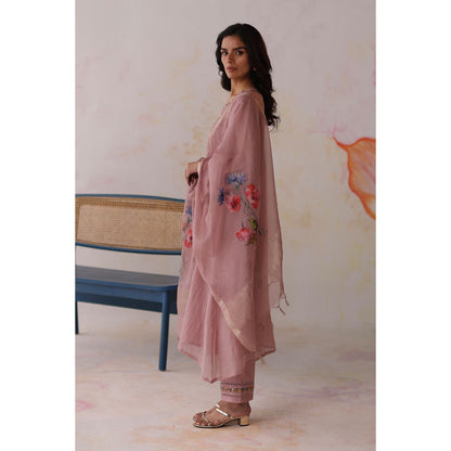 Begum Pret Pink Mogra Kurta with Pant with slip and Dupatta (Set of 4)