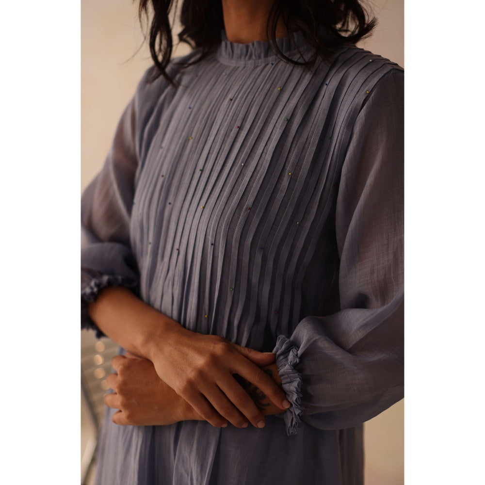 Begum Pret Blue Khubani Dress with Slip (Set of 2)