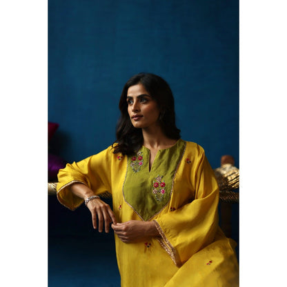 Begum Pret Yellow & Green Imly Phiran Kurta with Pants (Set of 2)