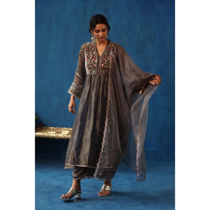 Begum Pret Grey Jaljeera Anarkali Kurta & Pant with Dupatta (Set of 3)