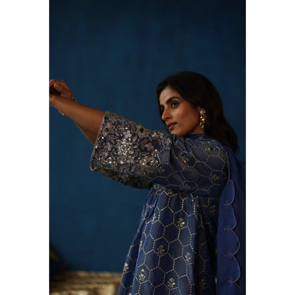 Begum Pret Blue Kaanji Kurta & Pant with Dupatta (Set of 3)