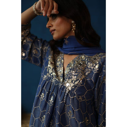 Begum Pret Blue Kaanji Kurta & Pant with Dupatta (Set of 3)