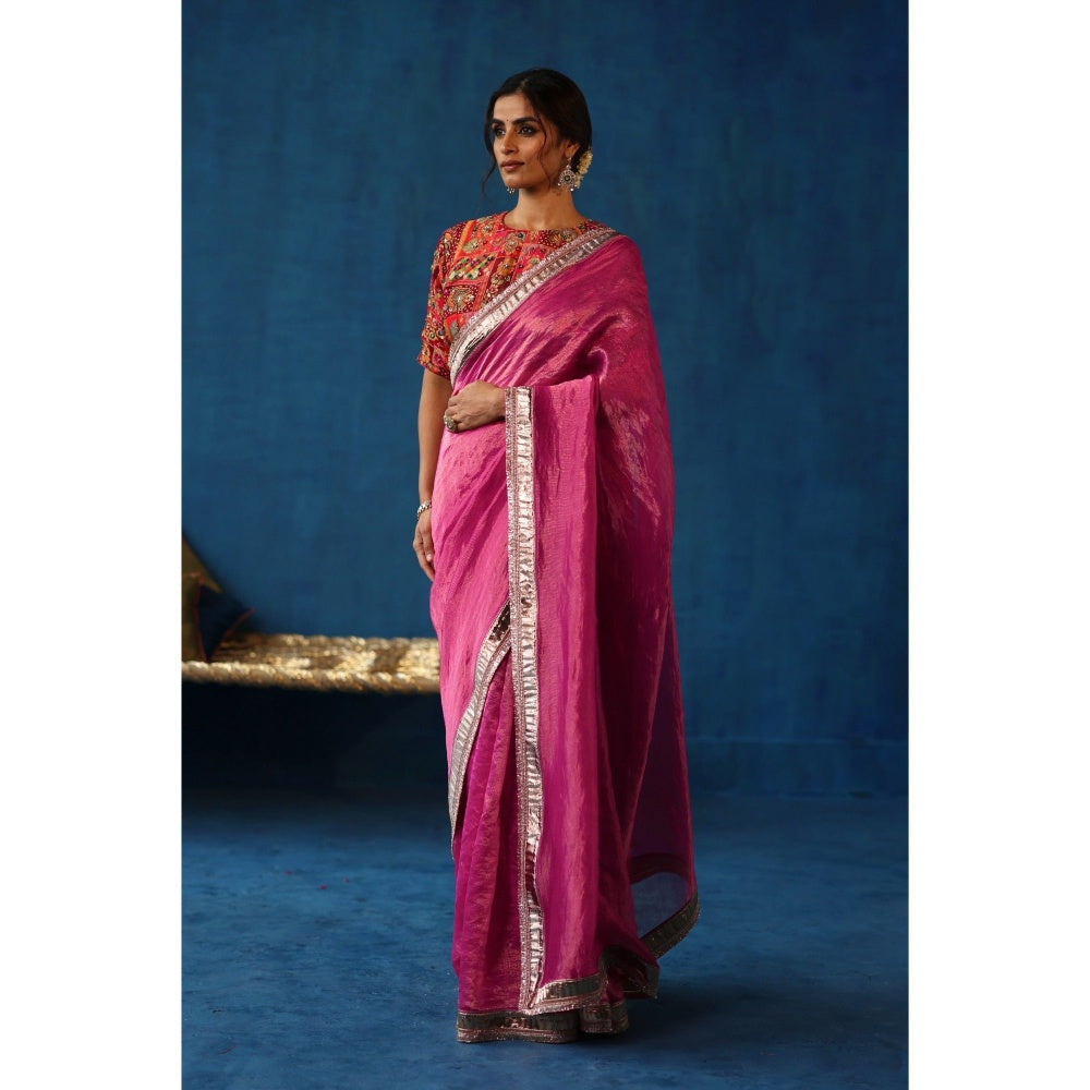 Begum Pret Pink Sharbat Embellished & Zari Work Saree with Blouse with Stitched