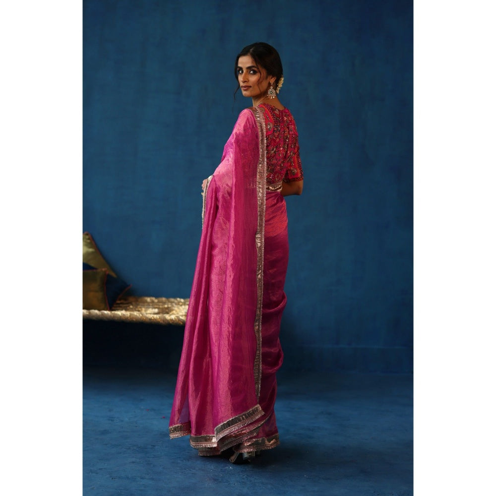 Begum Pret Pink Sharbat Embellished & Zari Work Saree with Blouse with Stitched