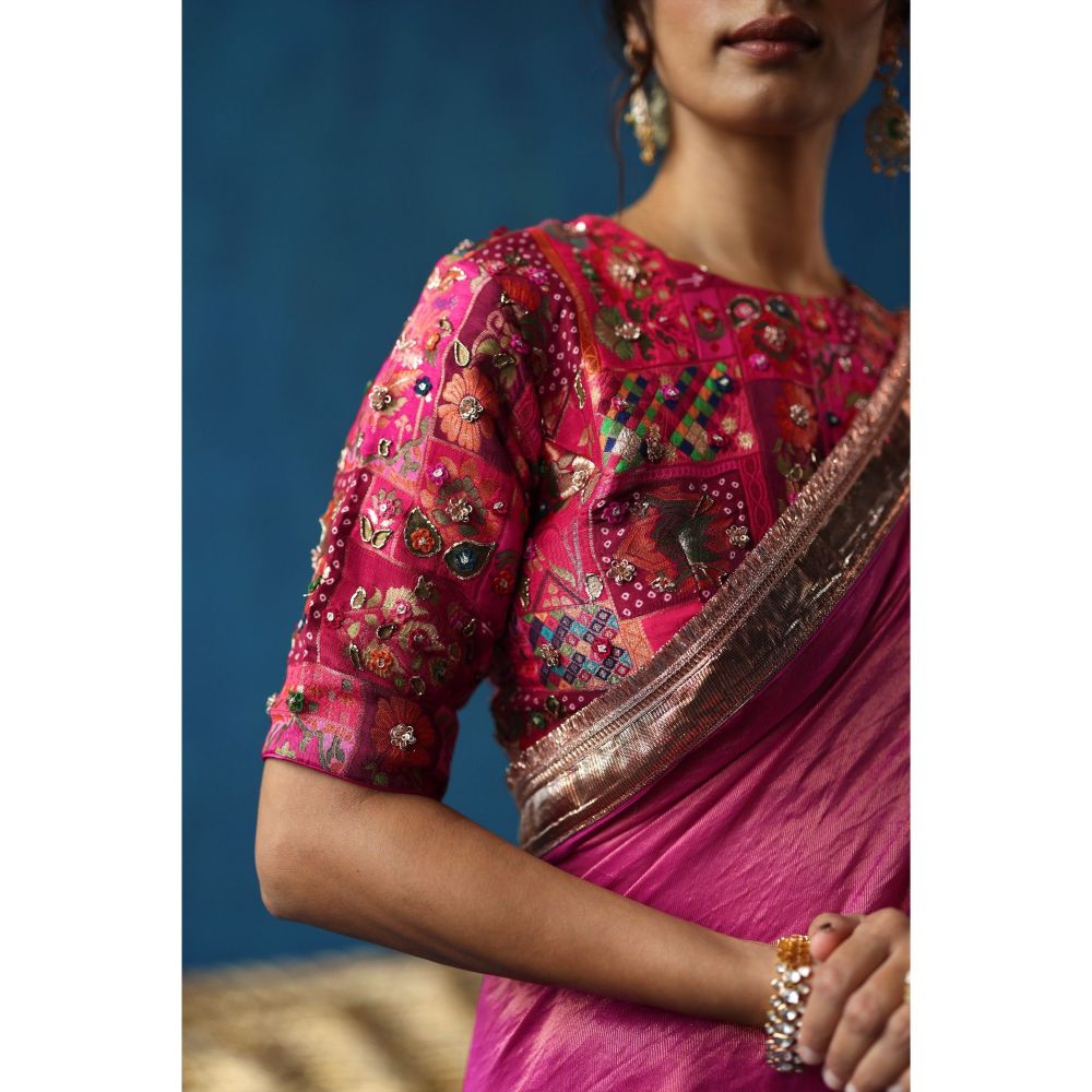 Begum Pret Pink Sharbat Embellished & Zari Work Saree with Blouse with Stitched