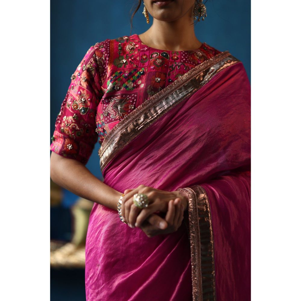Begum Pret Pink Sharbat Embellished & Zari Work Saree with Blouse with Stitched