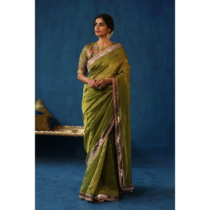 Begum Pret Green Sharbat Embellished & Zari Work Saree with Blouse with Stitched