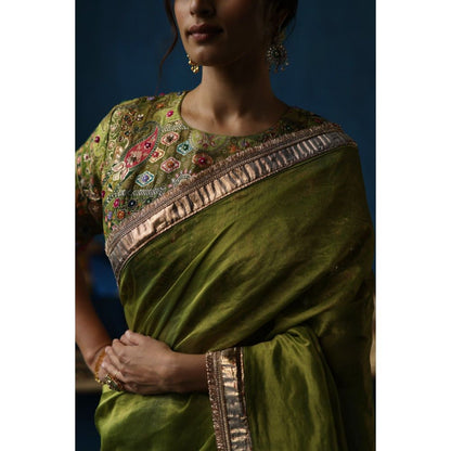 Begum Pret Green Sharbat Embellished & Zari Work Saree with Blouse with Stitched