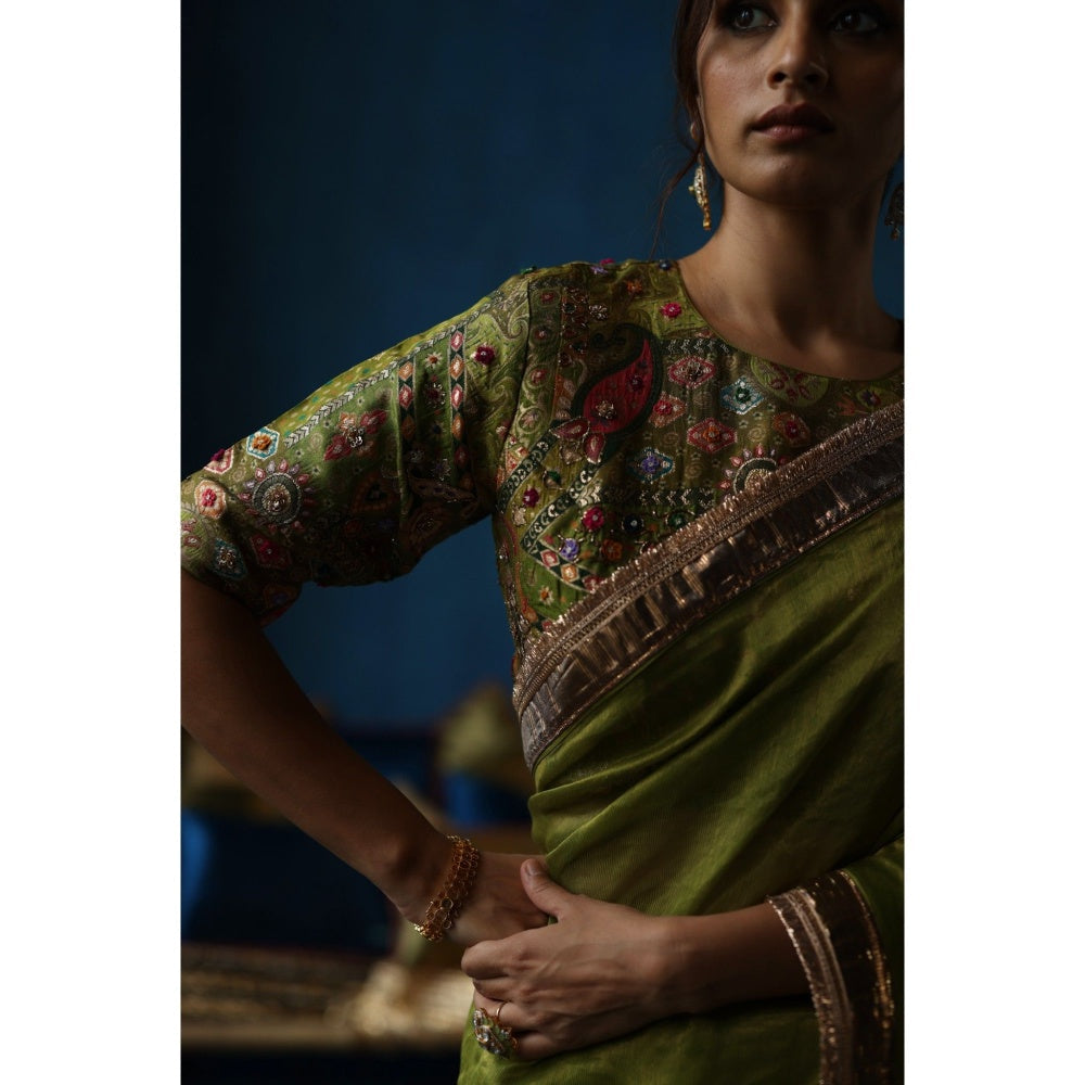 Begum Pret Green Sharbat Embellished & Zari Work Saree with Blouse with Stitched