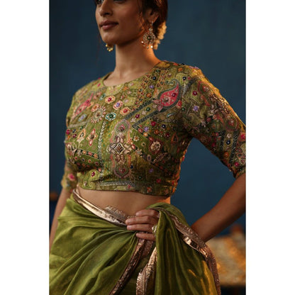 Begum Pret Green Sharbat Embellished & Zari Work Saree with Blouse with Stitched