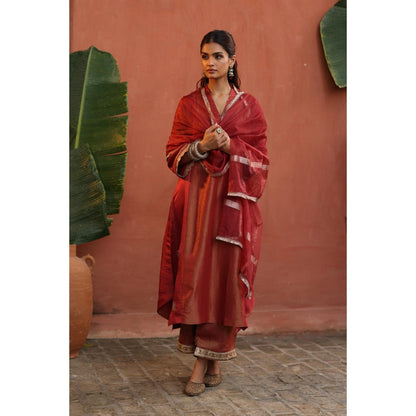 Begum Pret Rust Tara Kurta with Pant and Dupatta (Set of 3)
