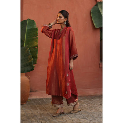 Begum Pret Rust Tara Kurta with Pant and Dupatta (Set of 3)