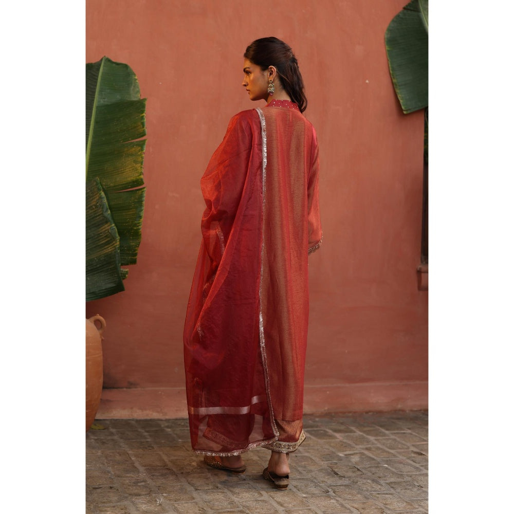 Begum Pret Rust Tara Kurta with Pant and Dupatta (Set of 3)