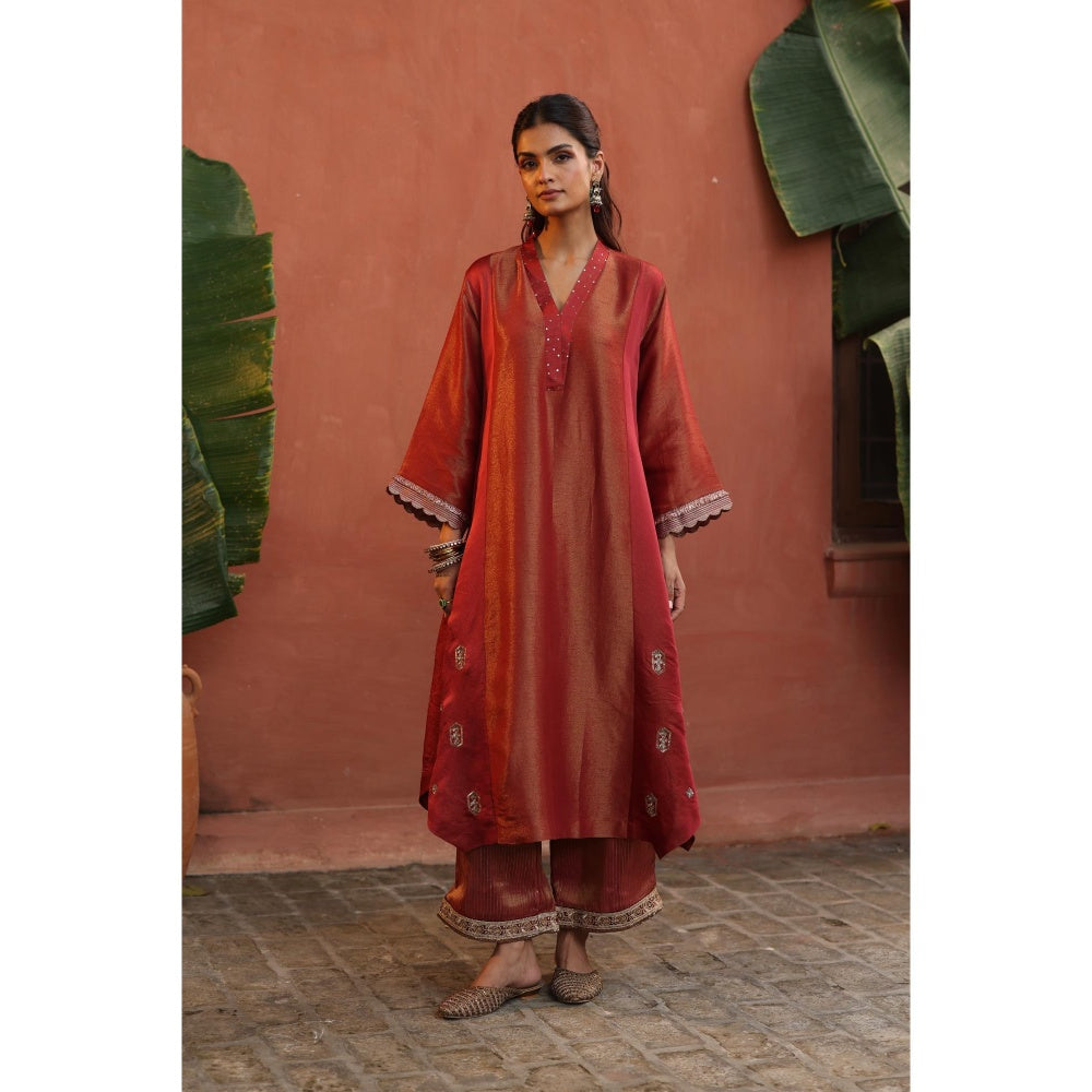 Begum Pret Rust Tara Kurta with Pant and Dupatta (Set of 3)