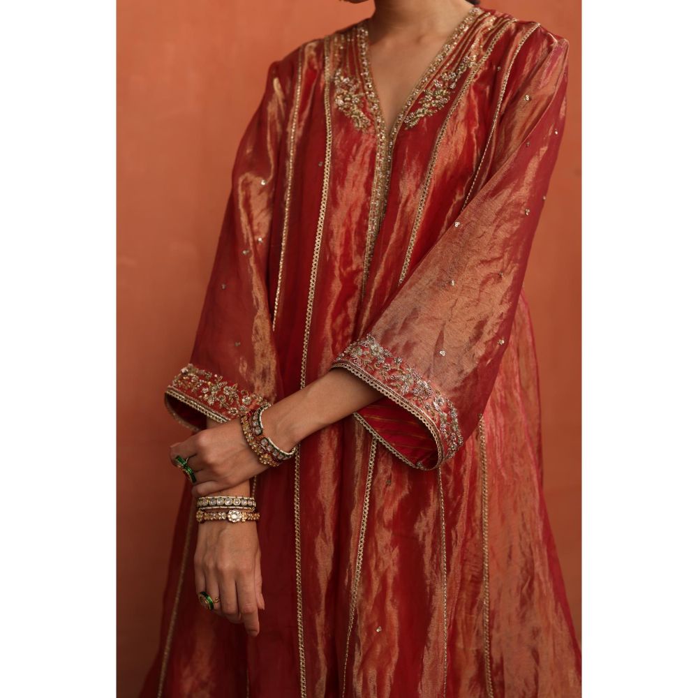 Begum Pret Rust Raya Kurta with Pant and Dupatta (Set of 3)