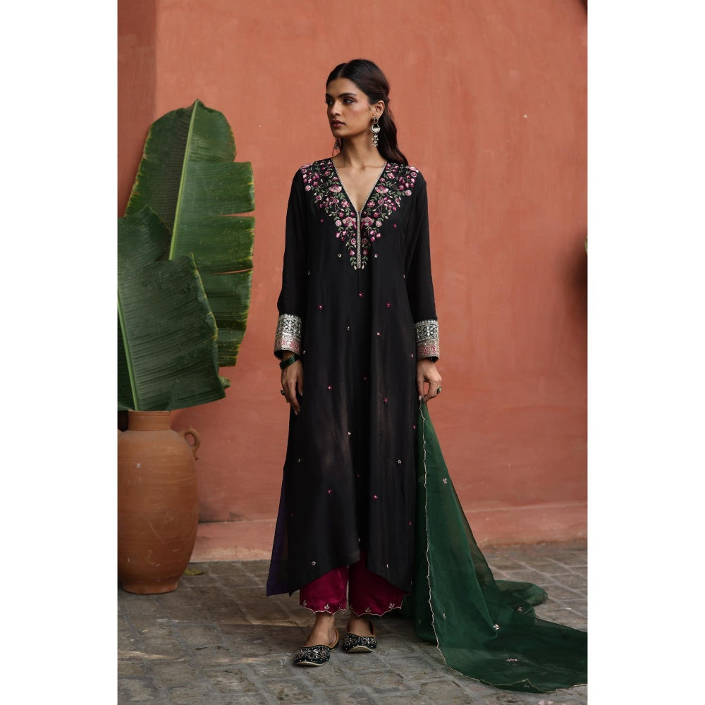Begum Pret Black Kaleera Kurta with Pant and Dupatta (Set of 3)