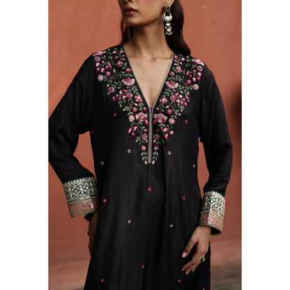 Begum Pret Black Kaleera Kurta with Pant and Dupatta (Set of 3)