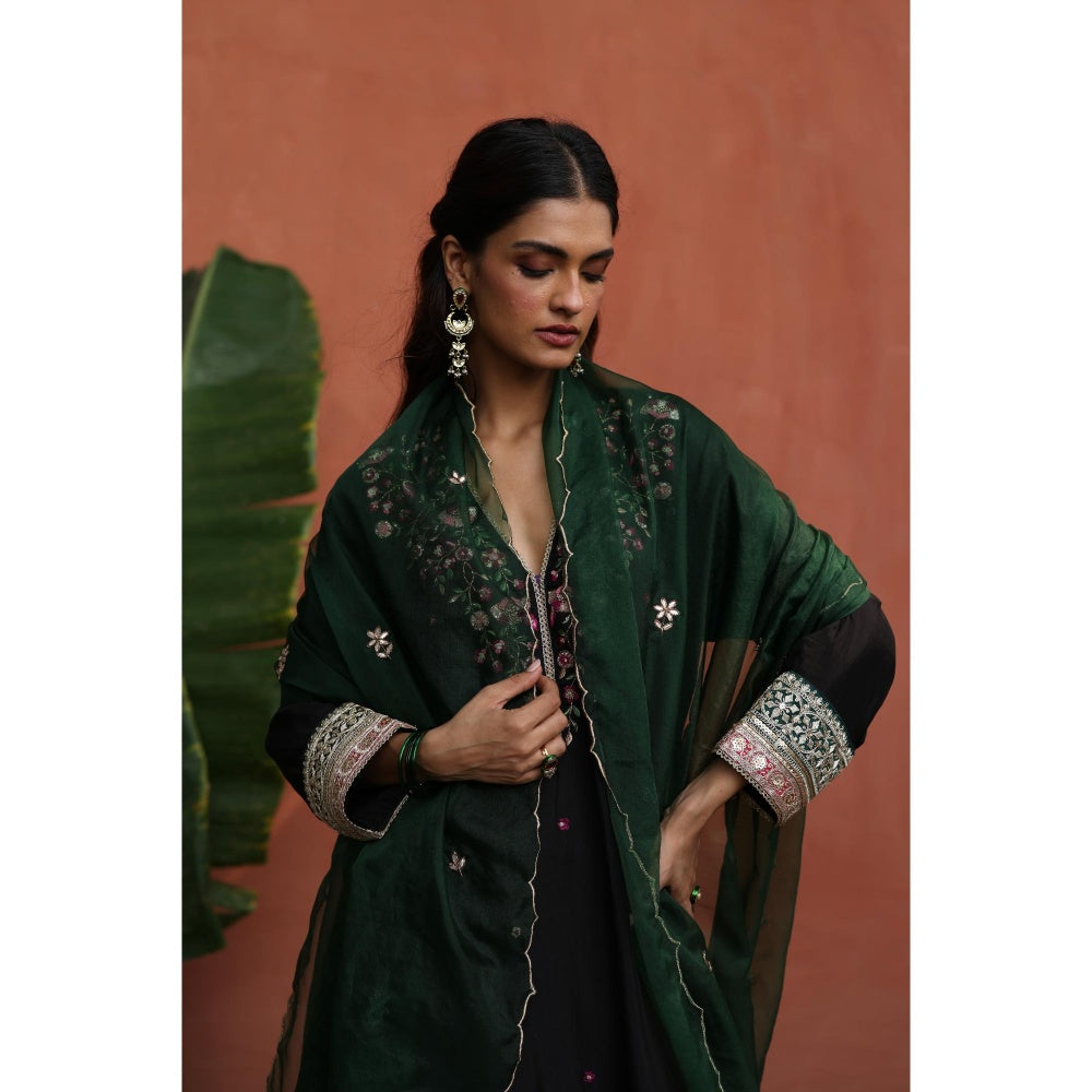 Begum Pret Black Kaleera Kurta with Pant and Dupatta (Set of 3)