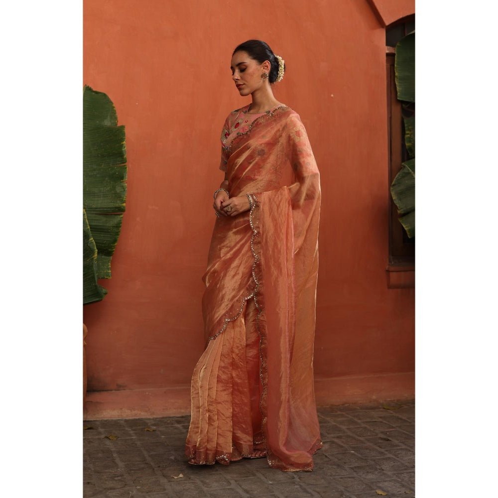 Begum Pret Peach Gulkand Saree with Stitched Blouse