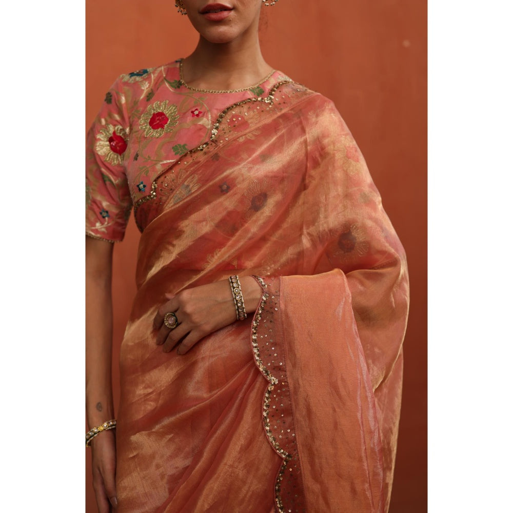 Begum Pret Peach Gulkand Saree with Stitched Blouse