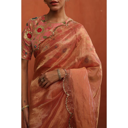 Begum Pret Peach Gulkand Saree with Stitched Blouse
