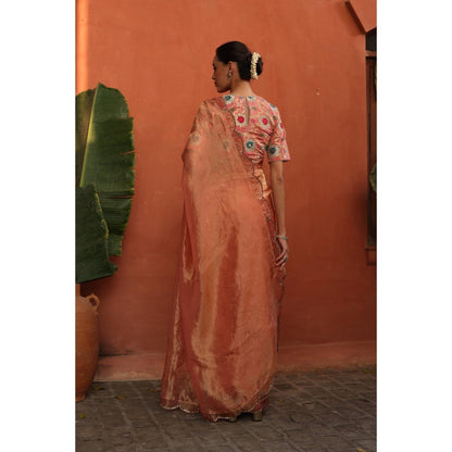 Begum Pret Peach Gulkand Saree with Stitched Blouse