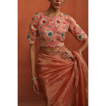 Begum Pret Peach Gulkand Saree with Stitched Blouse
