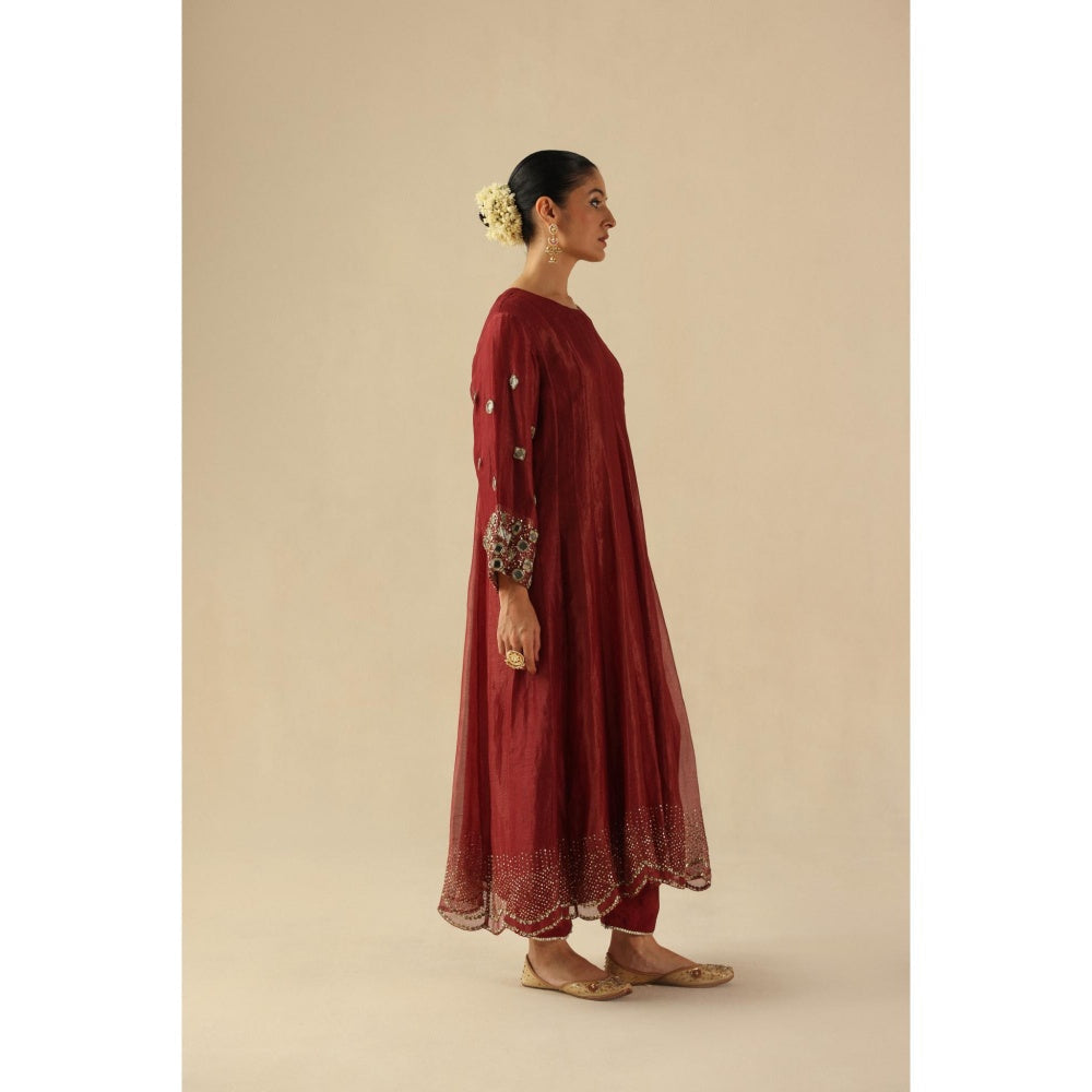 Begum Pret Maroon Afsana Kalidar Anarkali with Pant and Dupatta