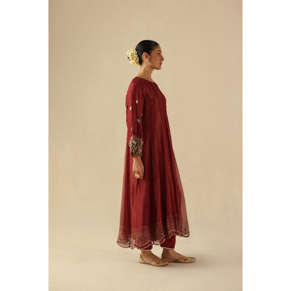 Begum Pret Maroon Afsana Kalidar Anarkali with Pant and Dupatta