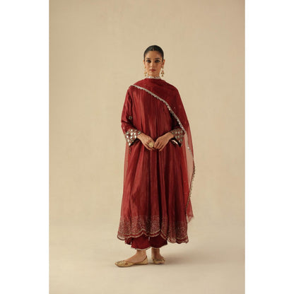 Begum Pret Maroon Afsana Kalidar Anarkali with Pant and Dupatta